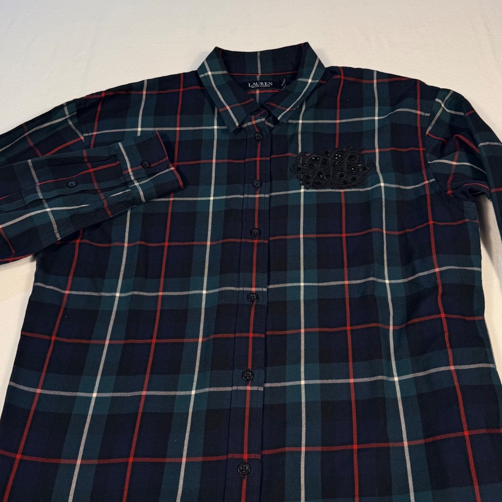 Lauren Ralph Lauren Womens M Plaid Monogram Button Down Dark Academia Preppy - Picture 15 of 16